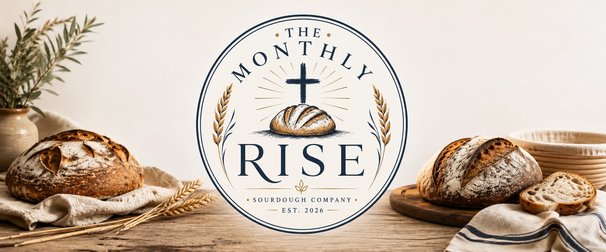 The Monthly Rise logo set among freshly baked artisan sourdough loaves, wheat, and linen on a rustic wooden table